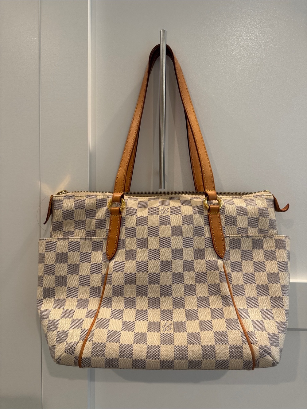 Louis Vuitton Damier Azur Check Shoulder Tote with Tan Leather Trim